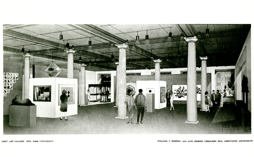 Black-and-white architectural illustration of an art gallery interior with tall columns, artworks, and visitors.