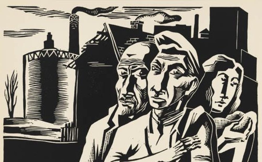 A black and white illustration of three expressive figures with industrial buildings behind them. Alt-text generated by AI.