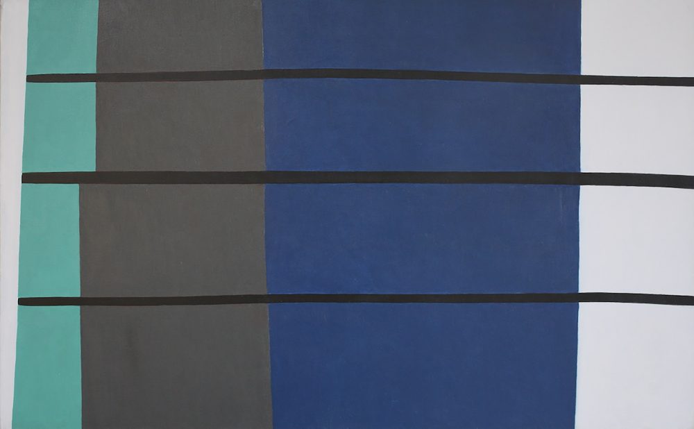 Abstract painting with vertical rectangles in white, teal, gray, blue, and white, intersected by horizontal black lines.