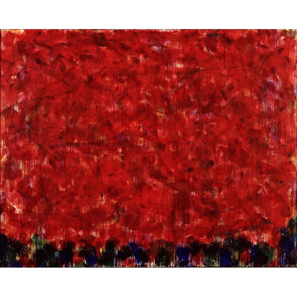 Abstract painting with various shades of red and darker patches of black, green, and blue at the bottom.