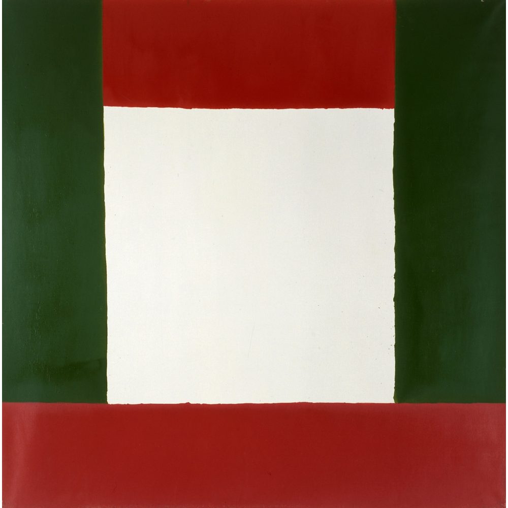A geometric painting featuring a large central white rectangle, flanked by vertical green rectangles, with red stripes at the top and bottom.