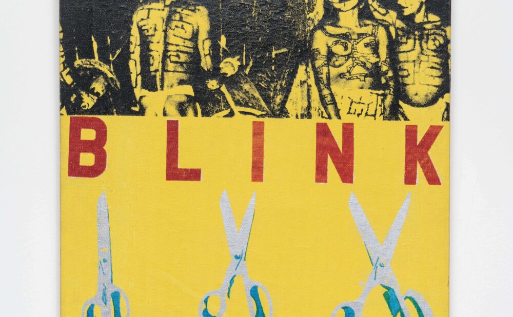 A canvas with "BLINK" in red text, a black and yellow photo of figures, and blue scissors on a yellow background. Alt-text generated by AI.