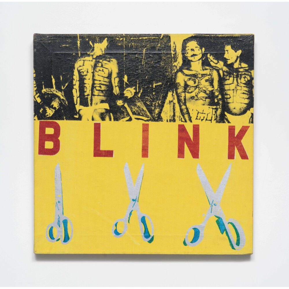 A canvas with "BLINK" in red text, a black and yellow photo of figures, and blue scissors on a yellow background. Alt-text generated by AI.