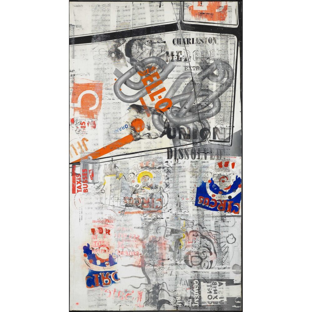 Abstract, collage-type artwork with overlapping text, shapes, and grayscale imagery on a punch card pattern background. Alt-text generated by AI.