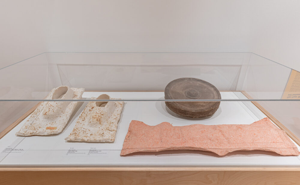 Museum display case containing porous cream-colored pieces, a dark brown circular object, and a large salmon-pink sheet. Alt text generated by AI.