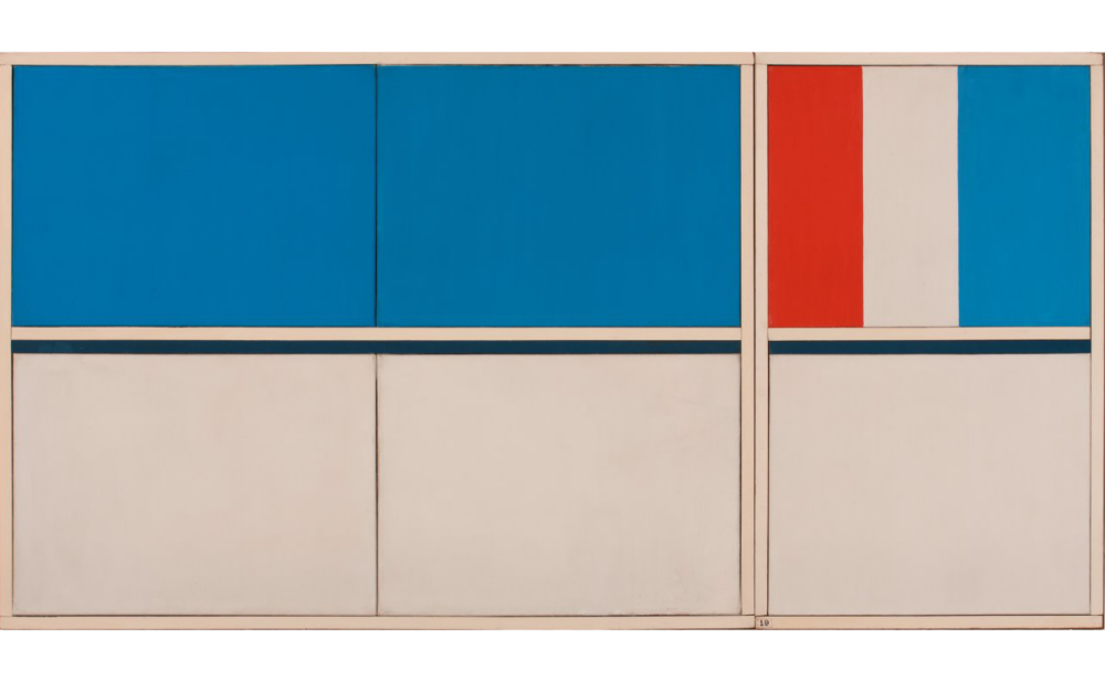 Abstract painting with blue and white rectangles, plus red, white, and blue vertical stripes.