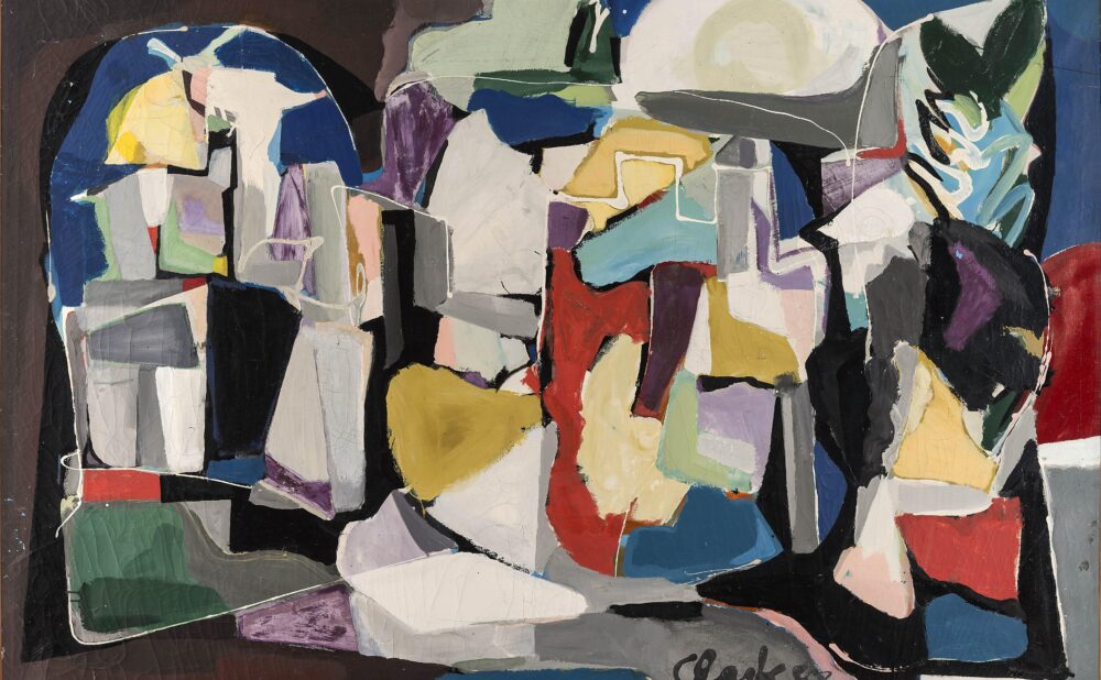 Abstract painting with overlapping geometric shapes in diverse colors.