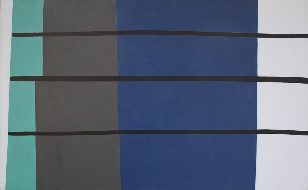 Abstract painting with vertical rectangles in white, teal, gray, blue, and white, intersected by horizontal black lines.