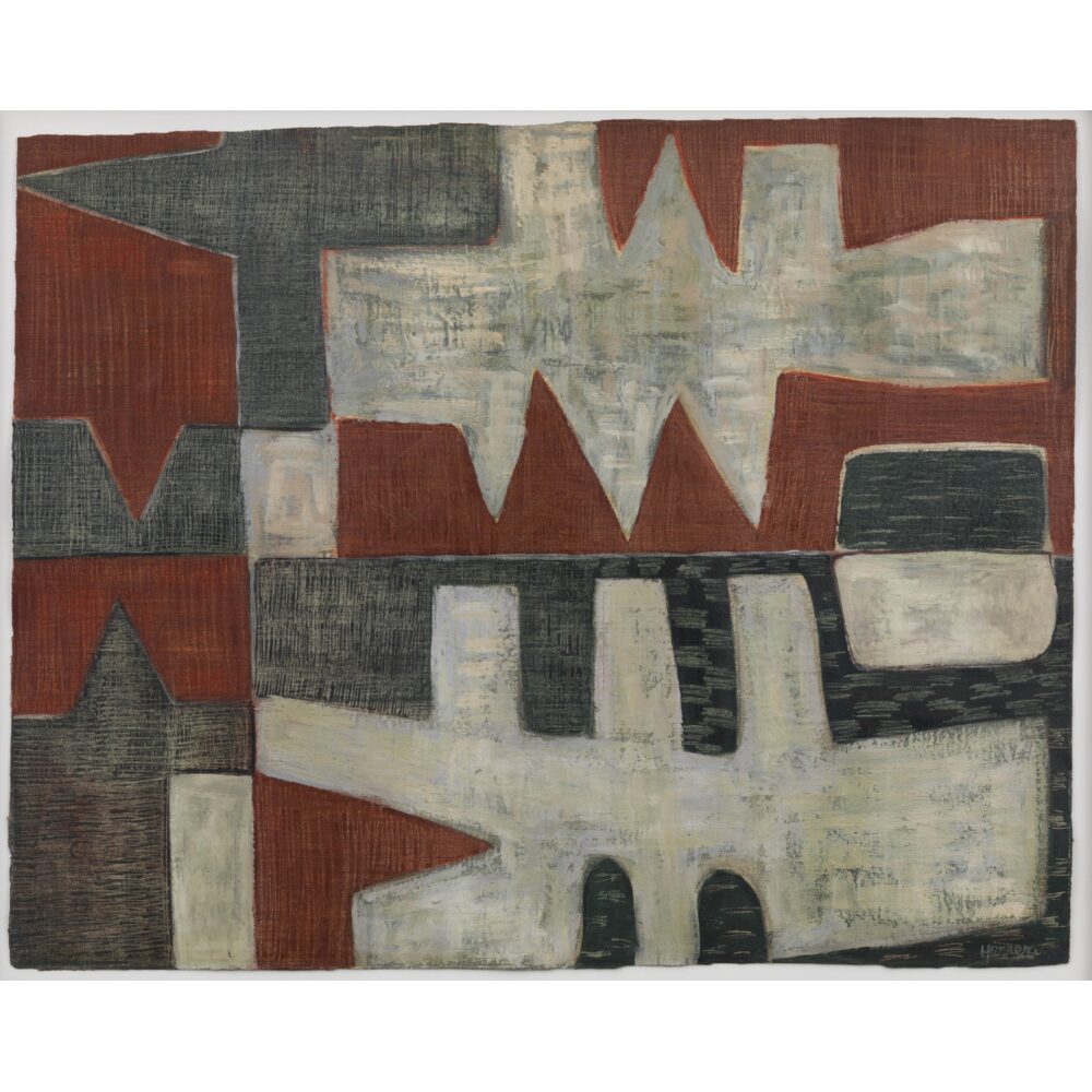 Abstract painting with geometric shapes in red, black, gray, and off-white.