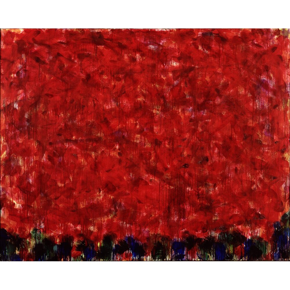 Abstract painting with various shades of red and darker patches of black, green, and blue at the bottom.
