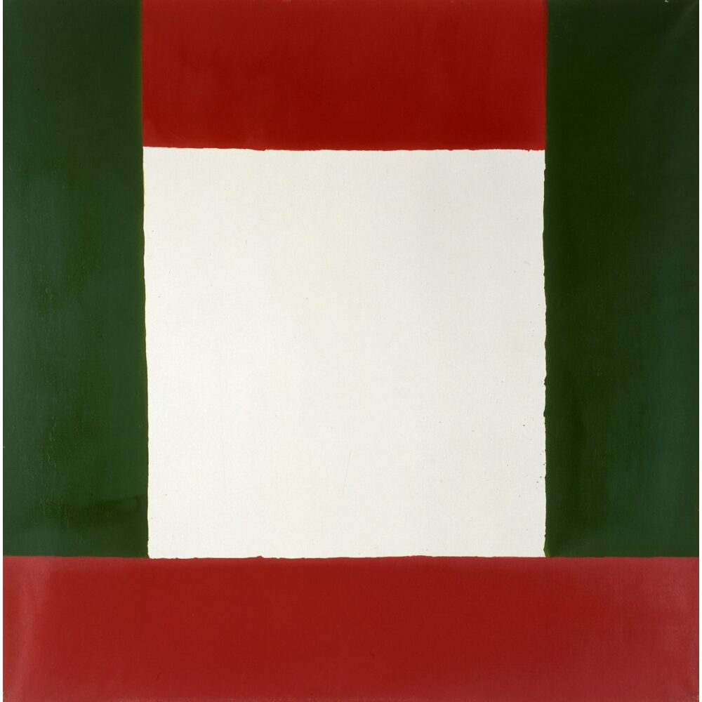 A geometric painting featuring a large central white rectangle, flanked by vertical green rectangles, with red stripes at the top and bottom.