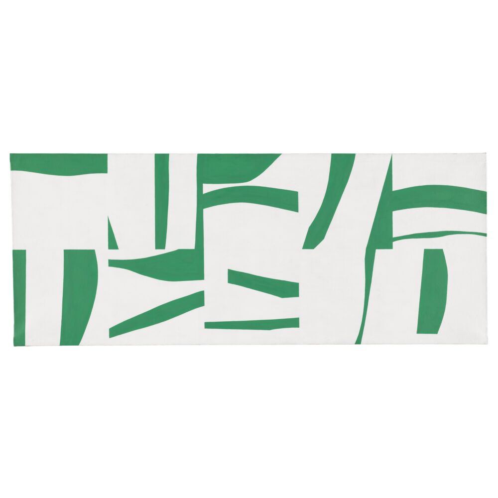 Abstract artwork with bold green shapes on a white background.