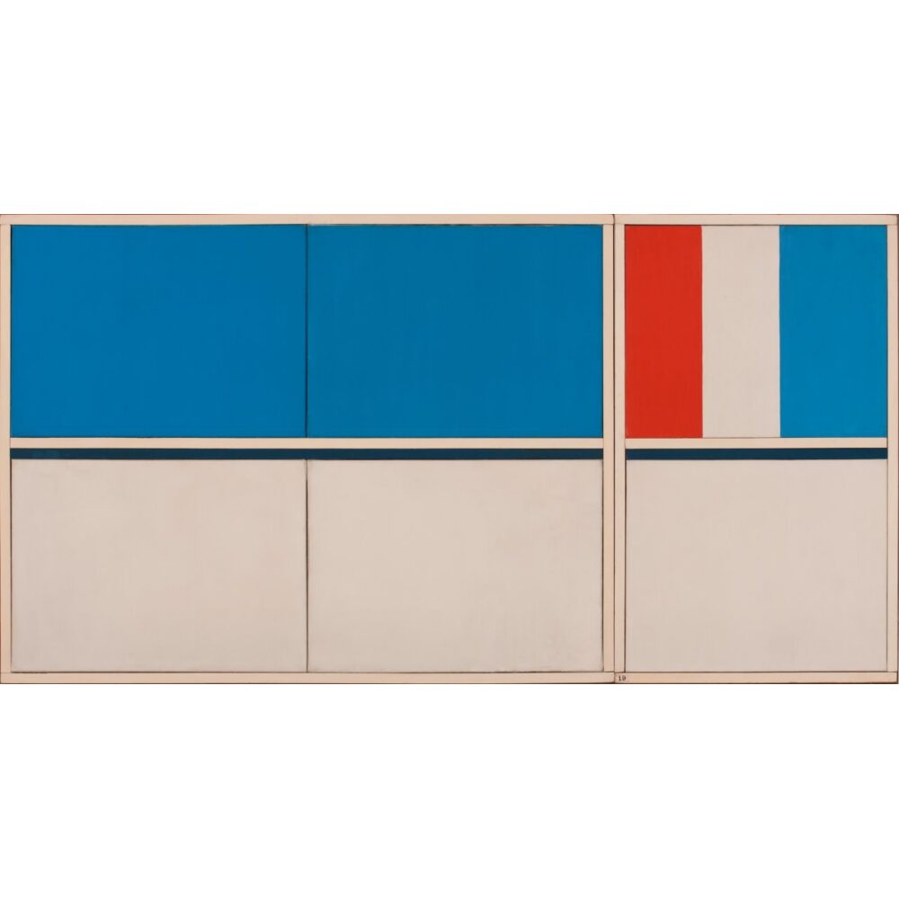 Abstract painting with blue and white rectangles, plus red, white, and blue vertical stripes.