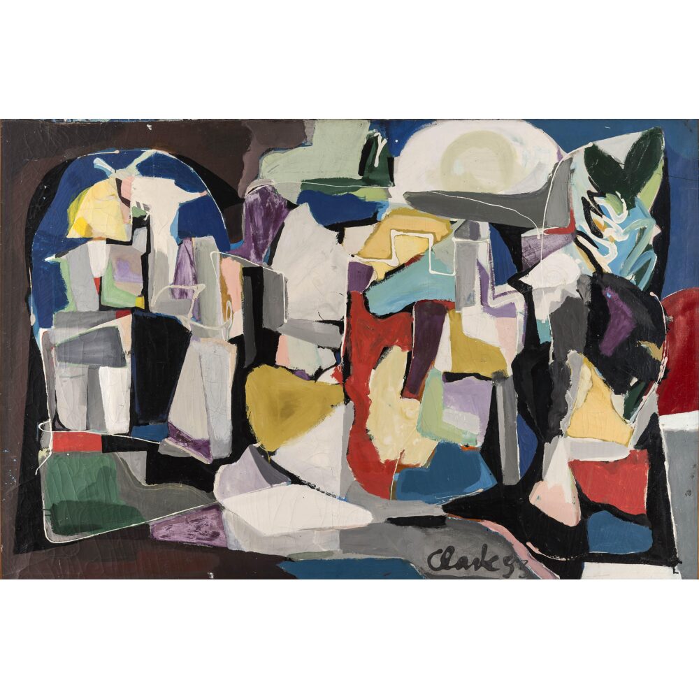 Abstract painting with overlapping geometric shapes in diverse colors.