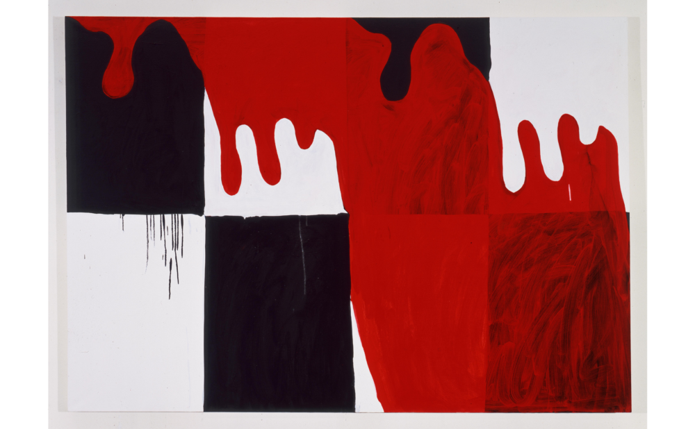 An abstract painting with black, red, and white squares and red paint dripping across it.