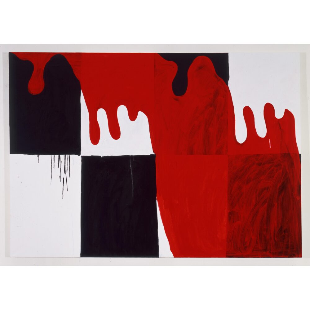 A painting bears a loose black and white grid in dripping oil paint; overlaid is a amorphous shape in red paint, resembling blood