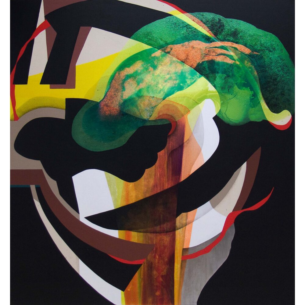 An abstract painting with large, curving swatches of black, patches of white, and touches of yellow, dark brown, and red; a large wave of shimmering green and rust-colored paint and glitter crosses the canvas; more glittering rust-colored paint blooms at the center of the canvas and runs straight downward to the bottom edge.