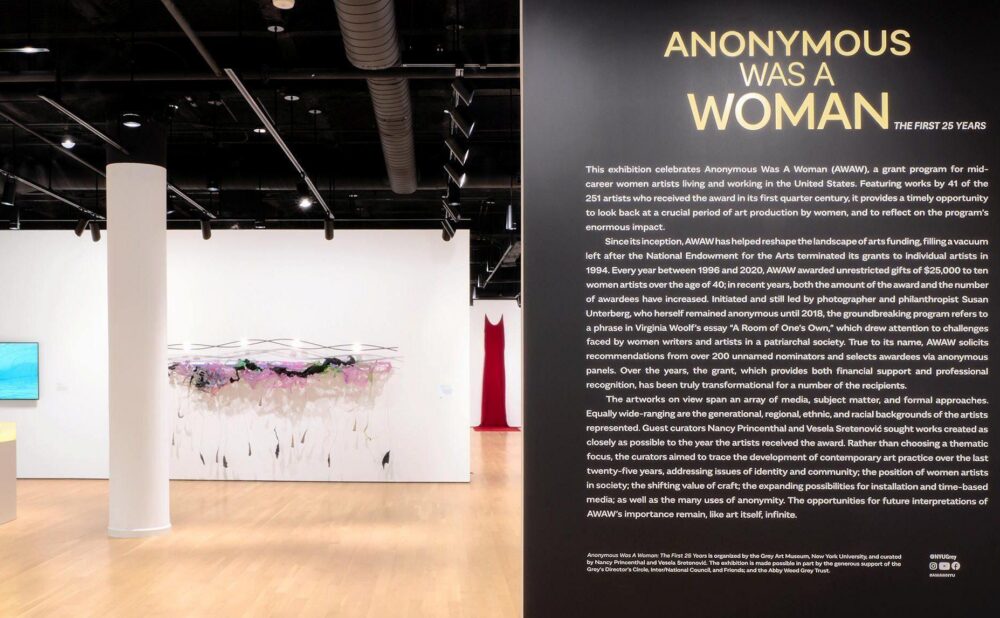 Modern art museum with text about "Anonymous Was A Woman" on a black wall and abstract art displayed in the background.
