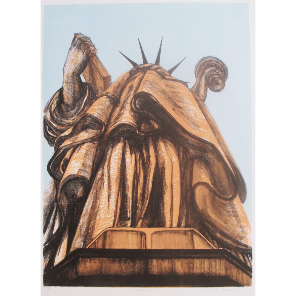 Artwork showing a foreshortened illustration of the Statue of Liberty, as if the viewer was looking up from the ground at the base of the statue. (Alt-text generated by AI)
