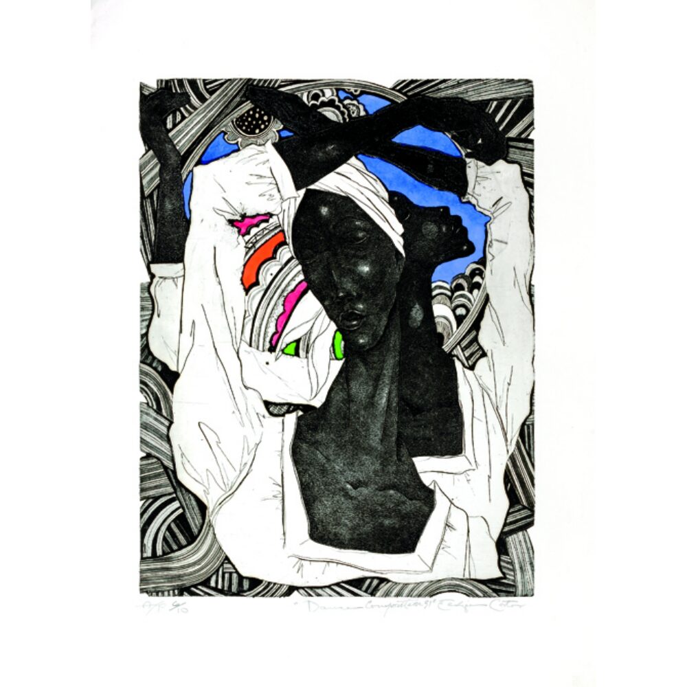 Print by Eldzier Cortor depicting stylized, elongated figures in a expressive dance posture. (Alt-text generated by AI)