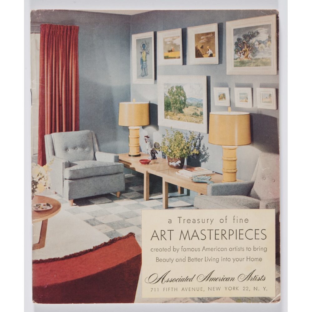 Cover of a 1951 Treasury catalogue titled "Art Masterpieces" featuring a interior scene illustration with framed artworks. (Alt-text generated by AI)