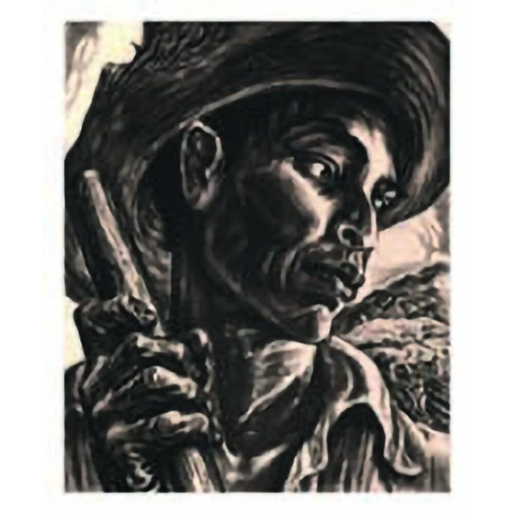 Black-and-white woodcut print depicting a man in a wide-brimmed hat holding a tool, titled "El Jibaro". (Alt-text generated by AI)