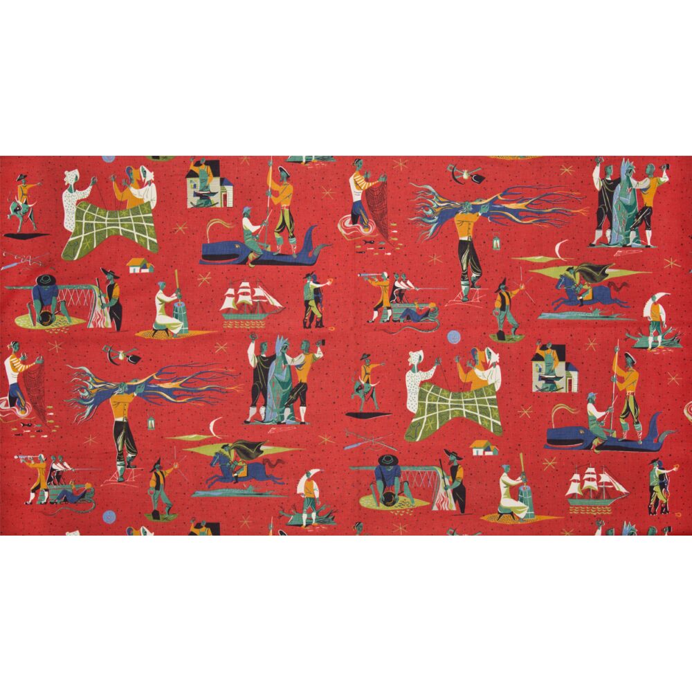 Vibrant red printed textile pattern featuring small vignettes of pioneer figures and scenes. (Alt-text generated by AI)