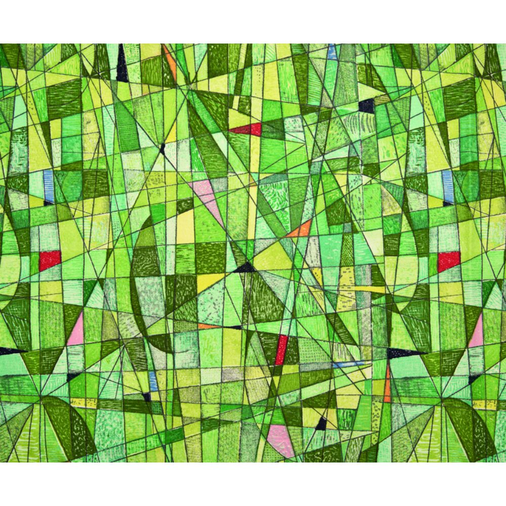 Abstract textile pattern by Georges Schreiber featuring overlapping geometric lines and patches in shades of green. (Alt-text generated by AI)