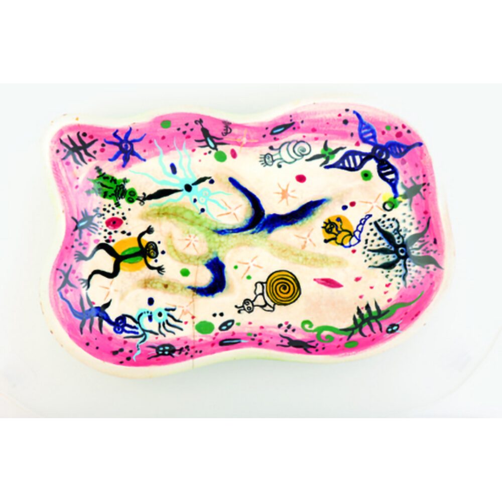 Organic, irregular ceramic platter decorated with abstract sea life and blue swimming figures. (Alt-text generated by AI)