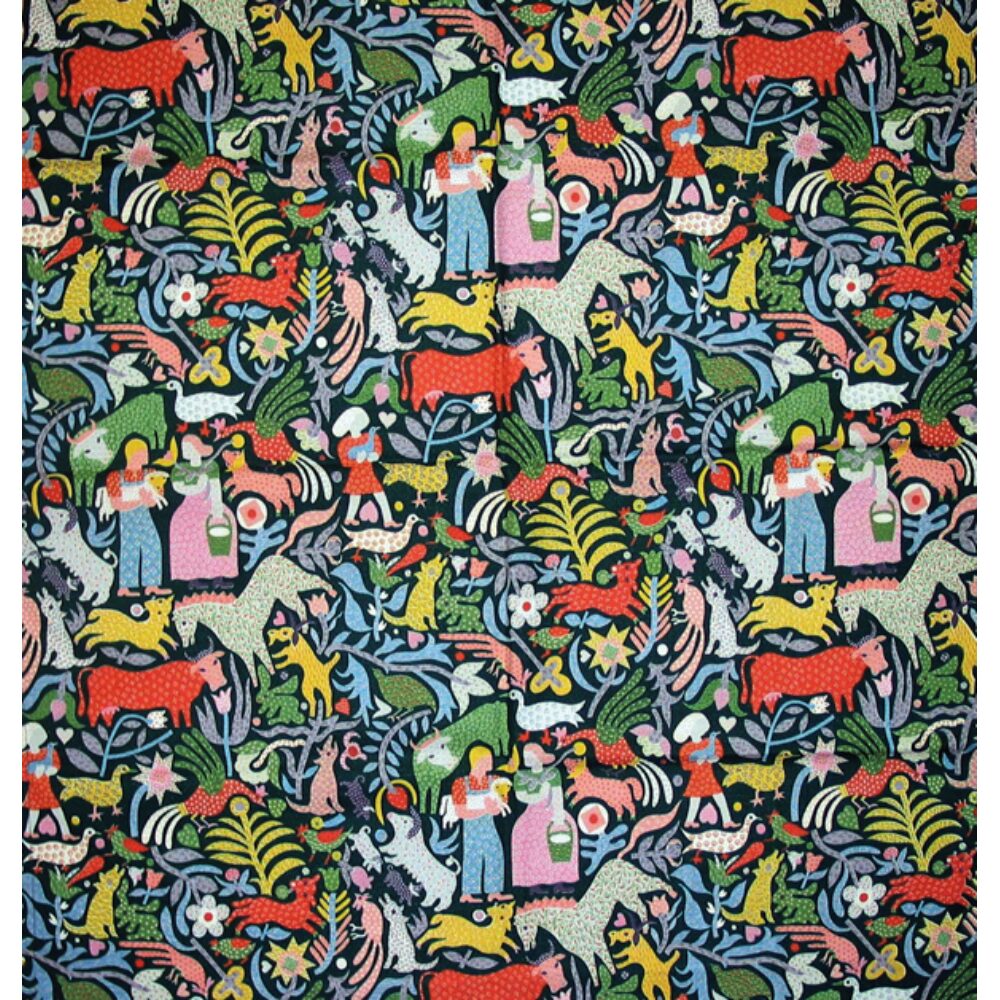 Ilonka Karasz textile pattern featuring a dense, colorful repeating motif of cows, flowers, and rural figures. (Alt-text generated by AI)