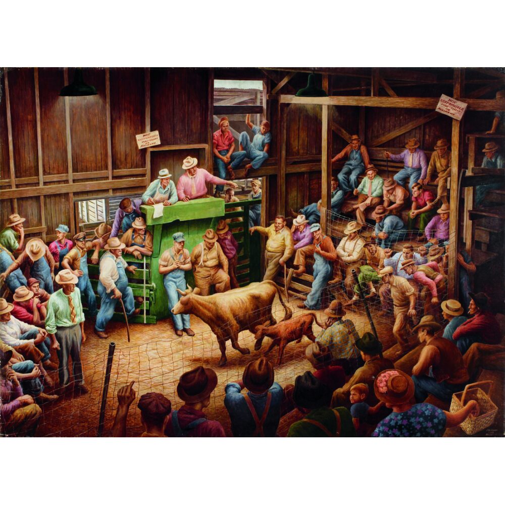 Regionalist narrative painting by Jackson Lee Nesbitt depicting a crowded farm auction filled with figures and livestock inside a barn. (Alt-text generated by AI)