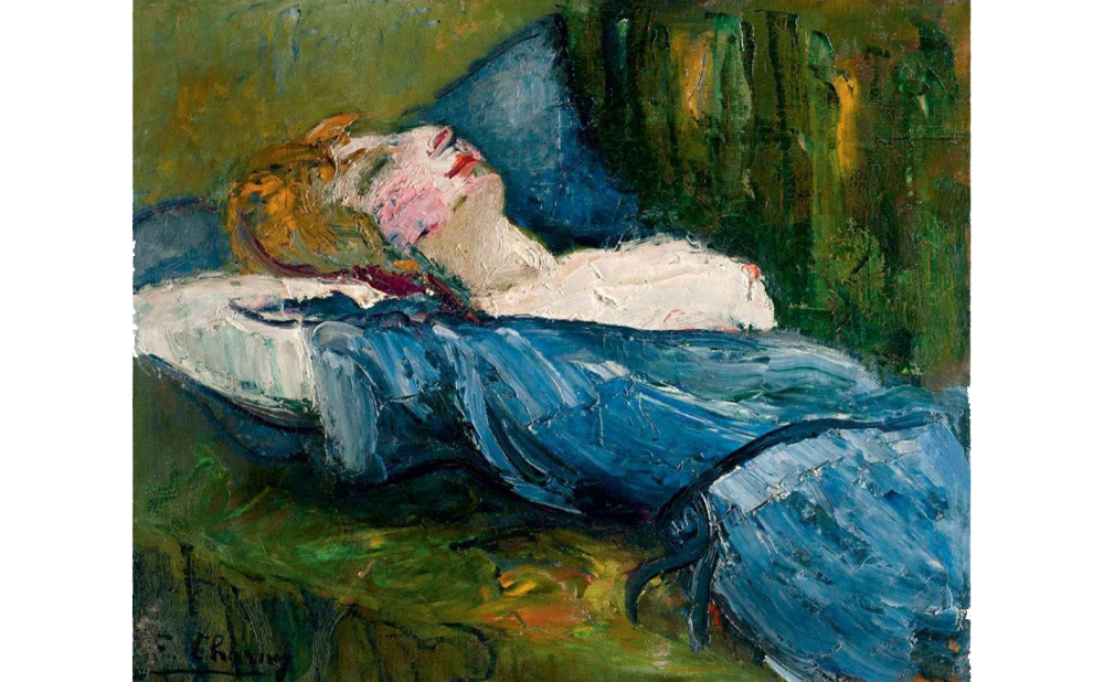 Self-portrait by Émilie Charmy, c. 1906. The artist reclines in a blue robe, one breast exposed, against a green background. Painted with loose brushstrokes.