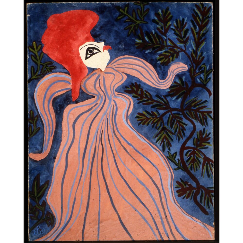Artwork depicting a stylized woman with flowing red hair wearing a pale dress against a vibrant blue patterned background. (Alt-text generated by AI)