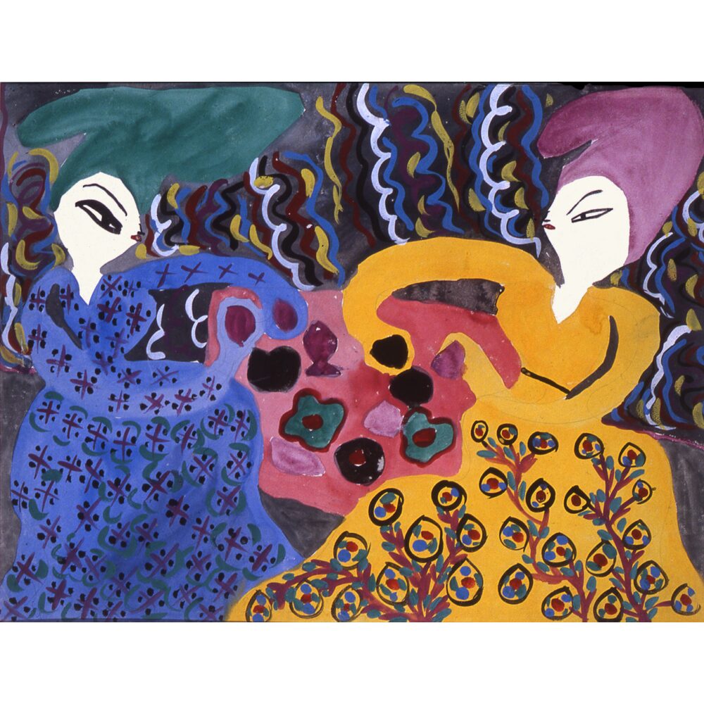 Colorful artwork showing two women seated together at a table adorned with decorative objects and vivid patterns. (Alt-text generated by AI)
