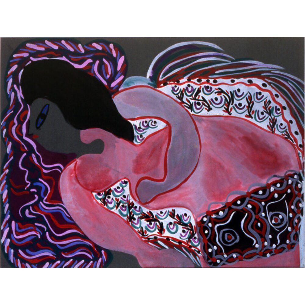 Painting of a reclining figure with a dark grey face and black hair framed by undulating pink, black, and white decorative motifs. (Alt-text generated by AI)