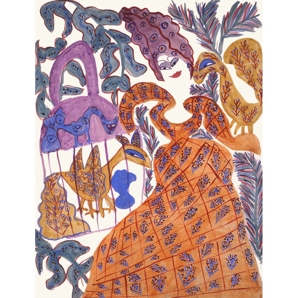 Vertical illustration featuring a woman in an patterned orange dress beside birds and a decorative cage. (Alt-text generated by AI)