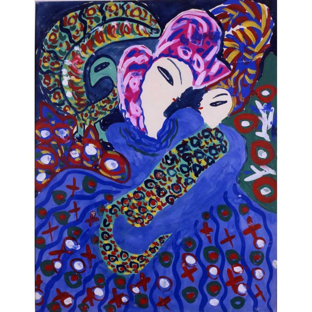 Expressionistic painting depicting a mother and child rendered in rich blue, purple, and green patterned tones. (Alt-text generated by AI)