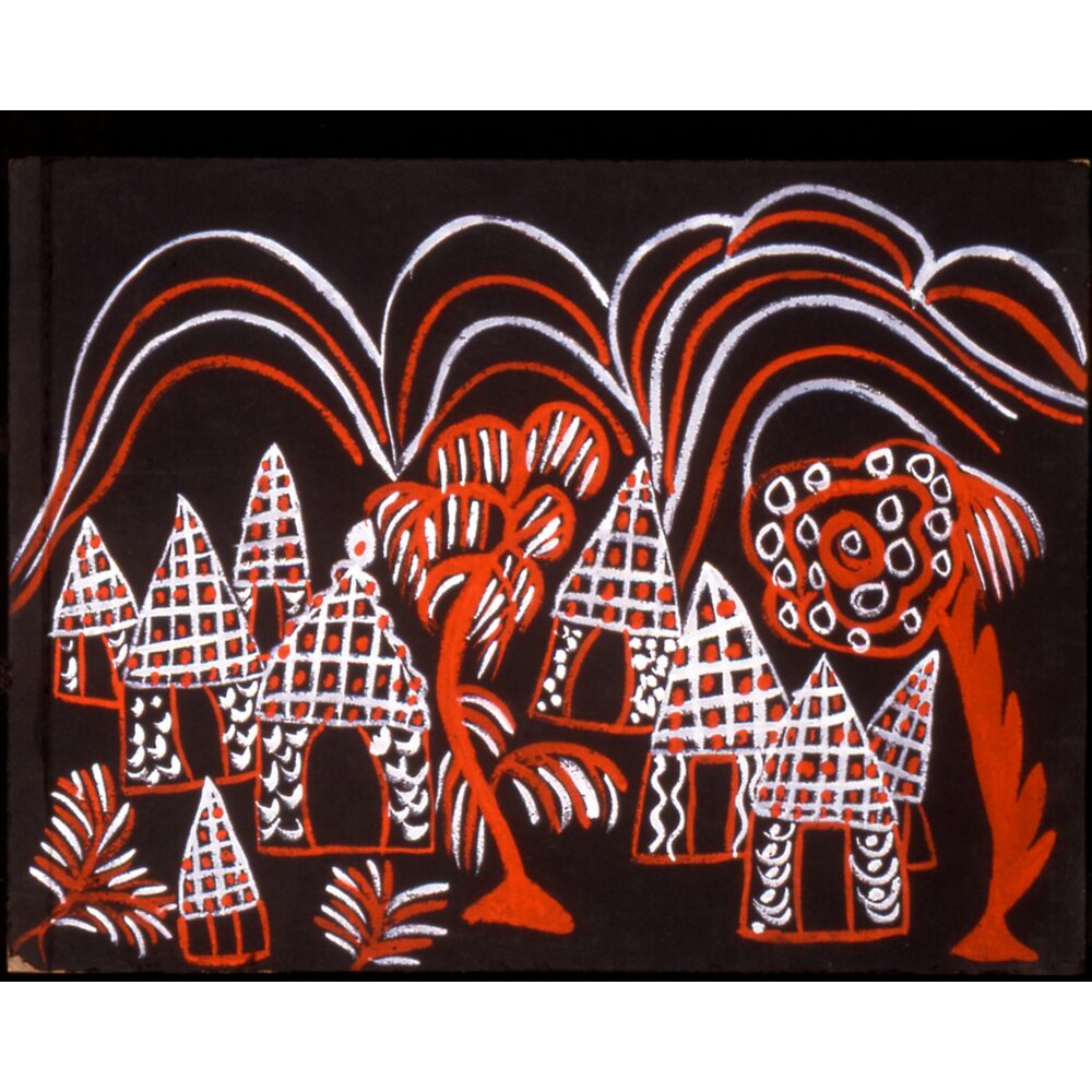 Stylized landscape artwork illustrating a village with white patterned houses set against a bold red background and rolling hills. (Alt-text generated by AI)