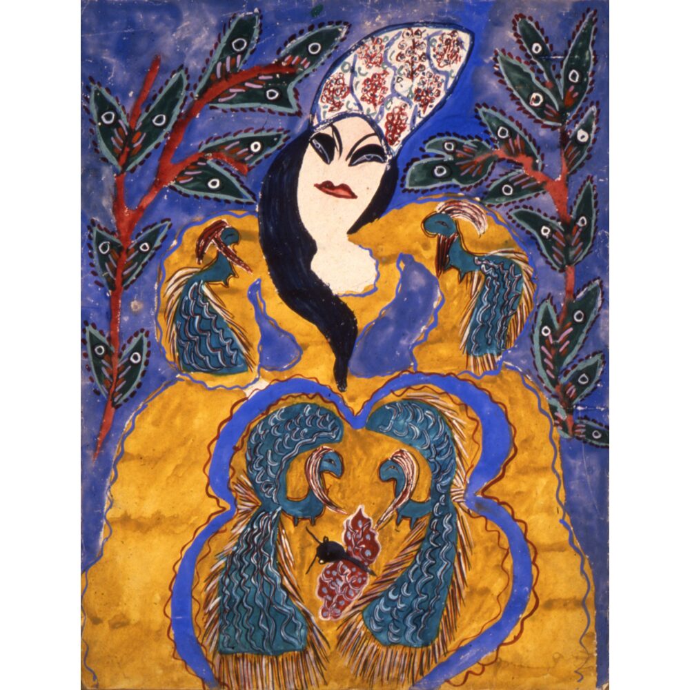 Painting of a woman in a yellow gown with blue hair, framed by symmetrical birds and floral accents. (Alt-text generated by AI)