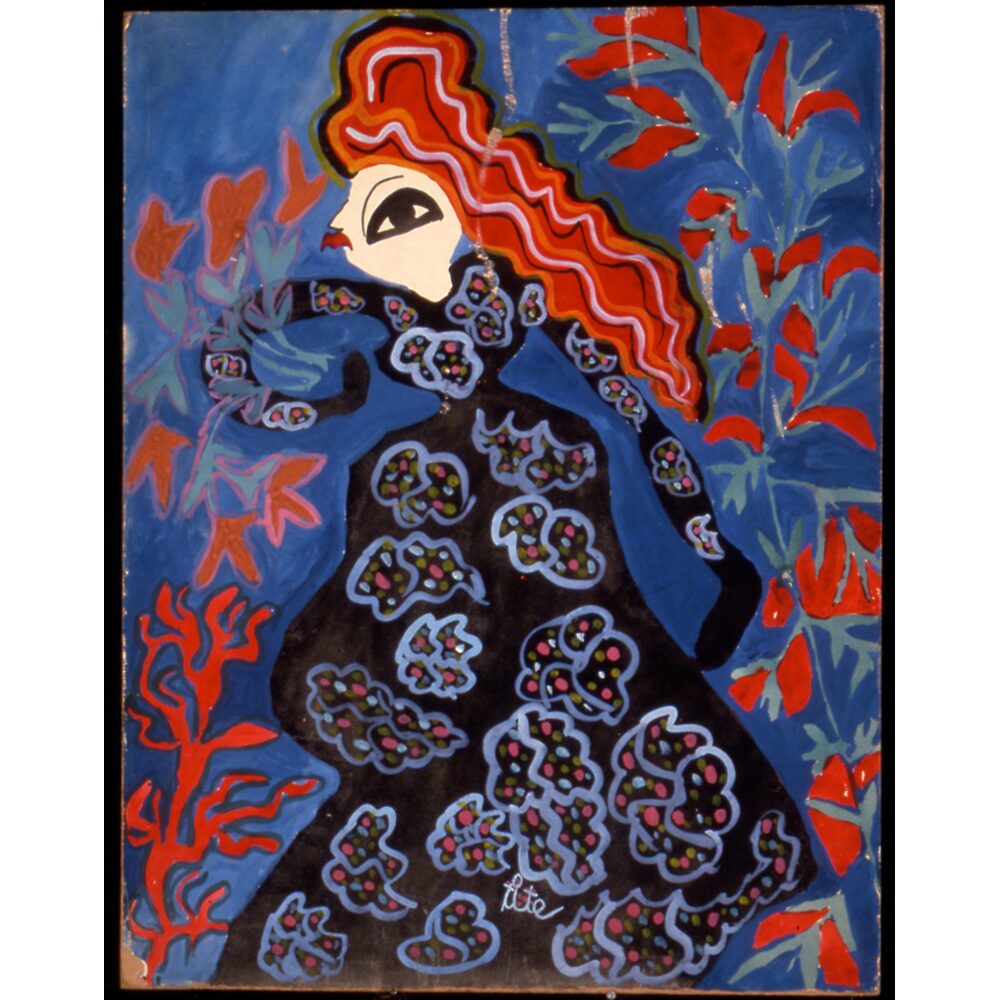 Artwork showing a figure with bright red hair wearing an ornate blue patterned dress on a dark background. (Alt-text generated by AI)