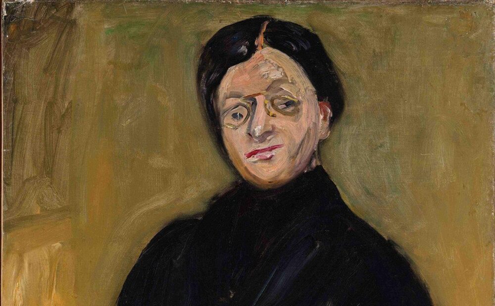 Painted portrait of a woman in eyeglasses with dark hair pulled back, in a dark coat against a brown background.