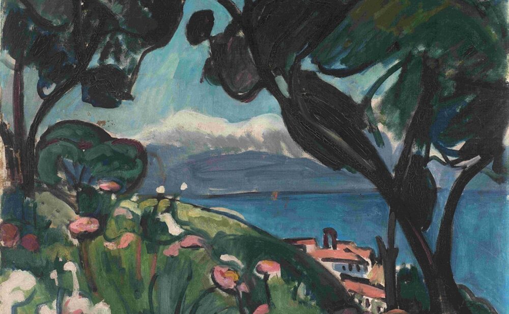 Coastal landscape painting with trees, flowers, a building, and a view of the sea.