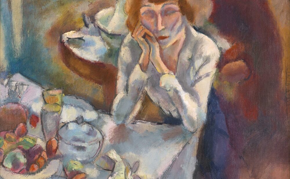 Painting of a woman seated at a table with a contemplative expression, gloves on the table before her next to a bowl of fruit and a glass of orange drink.