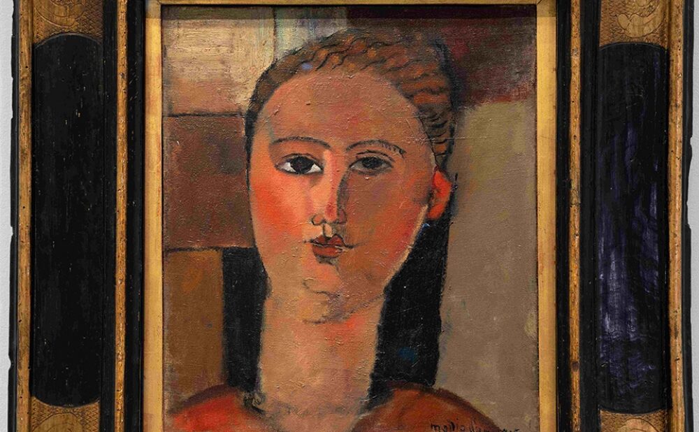 Portrait painting featuring an elongated face with almond-shaped eyes and a decorative frame.