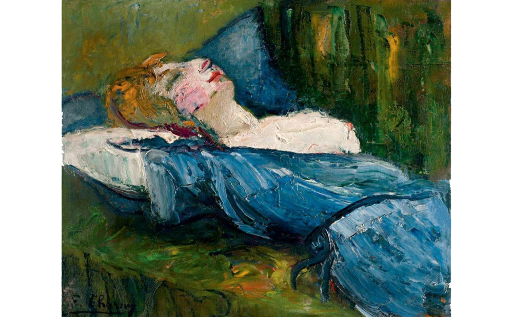 Self-portrait by Émilie Charmy, c. 1906. The artist reclines in a blue robe, one breast exposed, against a green background. Painted with loose brushstrokes.