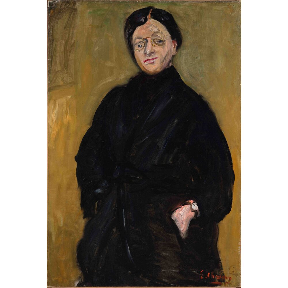 Painted portrait of a woman in eyeglasses with dark hair pulled back, in a dark coat against a brown background.