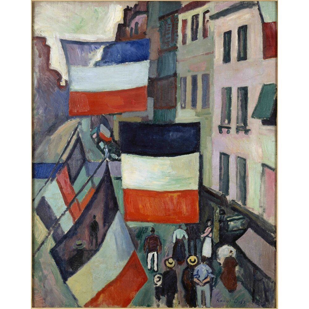 Painting of a street scene with French flags and people below.