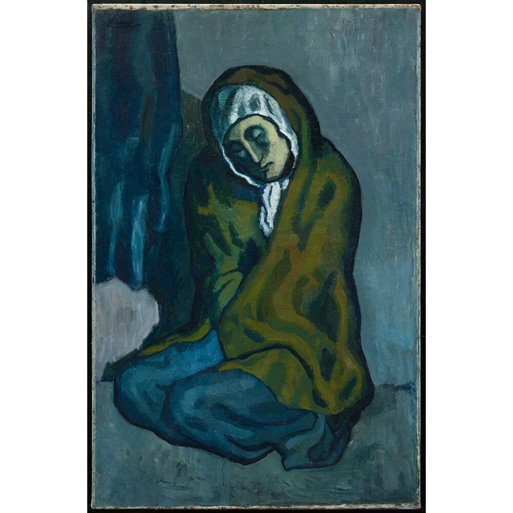Painting of a person seated, draped in an olive-green cloak and white headscarf, against a blue-gray background.