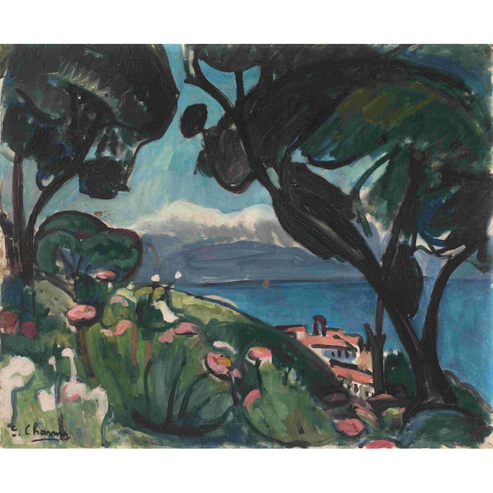 Coastal landscape painting with trees, flowers, a building, and a view of the sea.
