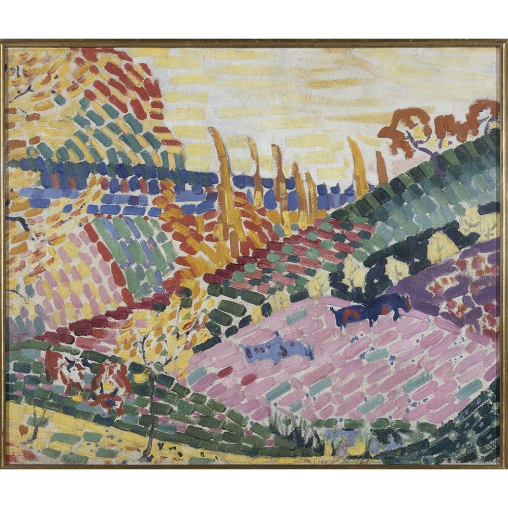 Abstract landscape with colorful, patterned brushstrokes forming hills and trees under a golden sky.